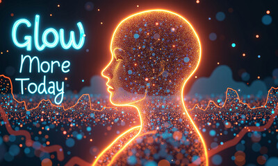 Digital artwork of a glowing human head with neon and abstract background.