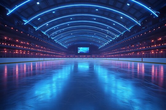 Empty Ice Hockey Rink Interior with Blue and Red Lighting and Large Screen Display - Powered by Adobe