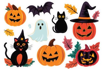Fototapeta premium Halloween themed illustrations featuring pumpkins cats bat ghost and autumn leaves isolated on white background