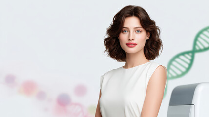 Confident woman with curly hair poses modern setting, showcasing sense of innovation and health. background features DNA strands, symbolizing