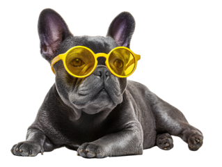  French bulldog with yellow sunglasses transparent background