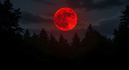 Night Sky Red Moon Blood Moon Forest Nature Landscape Outdoors