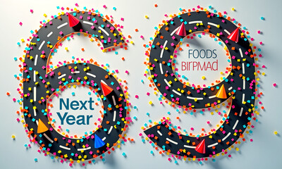 Bright confetti forms the number 69 with festive and playful energy.