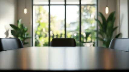 Modern office meeting room with black chair and table near large window featuring indoor plant and natural light, showcasing modern design workspace ideal for business collaboration and meetings - Powered by Adobe