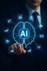 Businessman Interacting with AI-Powered Digital Brain Interface Surrounded by Data and Network Icons