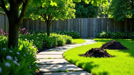 Fototapeta premium Serene Backyard Oasis A Winding Stone Path Meanders Through Lush Greenery, Bright Flowers, and a Wooden Fence, Enhancing the Beauty of a Well-Maintained Lawn with Hints of Nature's Digging