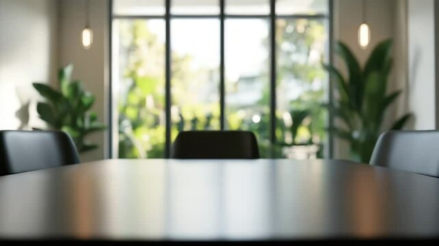 Modern office meeting room with black chair and table near large window featuring indoor plant and natural light, showcasing modern design workspace ideal for business collaboration and meetings