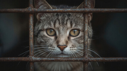 Cat in Cage Showing Deep Emotion With Expressive Eyes in a Captive Setting.