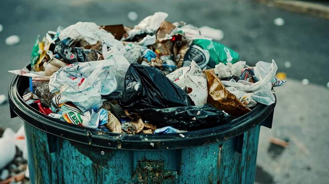 Closeup view of a messy, overfilled trash can in an urban setting during daylight hours, Messy Full Trash Can Closeup Moving Shot