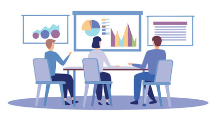 Fototapeta premium People sitting at a table in a meeting room with charts and graphs displayed on the screen behind them