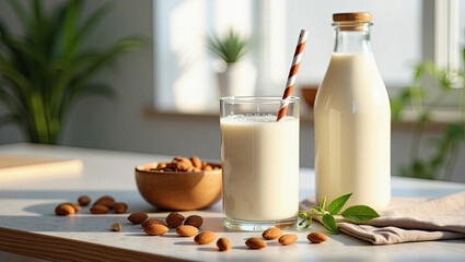 Chilled Almond Milk Beverage in Glass Showcasing Creamy Texture and Plant-Based Freshness.