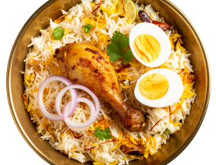 Top-down view of authentic Hyderabadi chicken biryani served in a golden brass bowl,