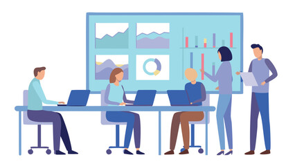 People working together in a meeting with laptops and a presentation screen showing data charts