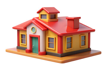 Charming cartoon house with red roof and yellow walls isolated on transparent background