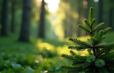 serene fir forest scene unfolds morning light amidst blurred backdrop lush green