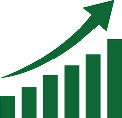 Green bar graph with upward trending arrow indicating growth and success