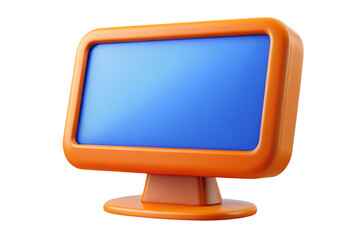Stylized 3d rendered orange computer monitor with blue screen isolated on transparent background