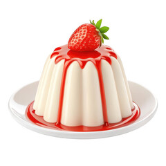 3d creamy panna cotta with strawberry and syrup isolated on transparent background