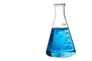 Glass laboratory flask with blue liquid and bubbles isolated on transparent background