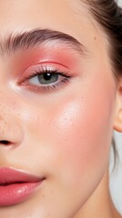 Close-up of a glowing eye with soft pink eyeshadow and dewy skin, showcasing natural beauty and subtle makeup artistry