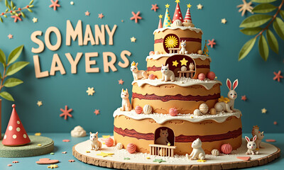 Playful cake shaped like a fantasy castle with trees and colorful background.