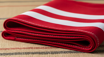 A folded red and white striped kitchen towel rests on a striped beige burlap table mat, evoking domestic comfort and culinary themes.