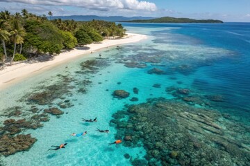 Obraz premium Aerial view of snorkelers exploring a vibrant coral reef near a tropical island beach