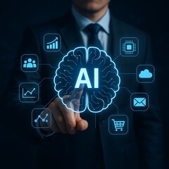 Businessman Interacting with AI-Powered Digital Brain Interface Surrounded by Data and Network Icons