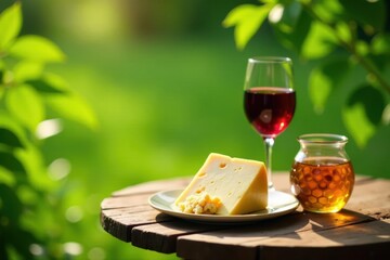 A serene outdoor picnic scene featuring a wedge of cheese, a glass of red wine, and a jar of honey, all elegantly arranged on a rustic wooden table amidst a lush green natural backdrop