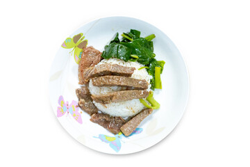 Top view of Stir Fried Kale with Pork, focus selective