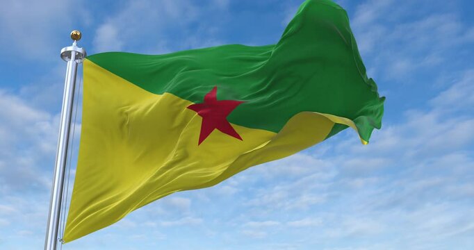 French Guiana flag with flagpole waving in wind, rolling clouds background looping, 4K video (Perfect Loop)