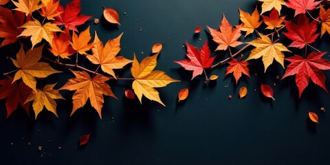 Autumnal foliage arrangement showcasing vibrant red and orange leaves on a dark background, ideal for seasonal design projects and fall-themed publications.