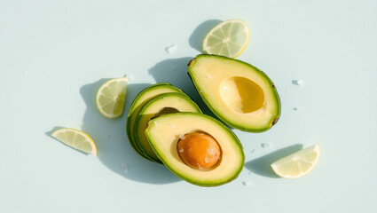 Delicately arranged sliced avocado halves, subtly fanned out to showcase their creamy interior, rest on a soft, pale blue-grey pastel background, free from distractions, evoking a sense of simplicity 