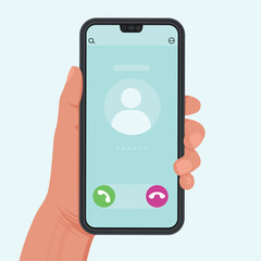 Call from unknown number. Call on the phone. Phone call. Phone call interface. Hand holding a phone.Vector illustration in flat style © NADEZHDA