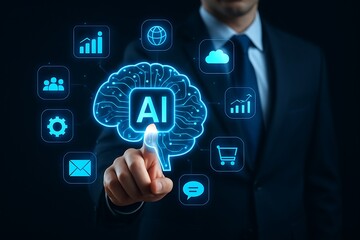 Fototapeta premium Businessman Interacting with AI-Powered Digital Brain Interface Surrounded by Data and Network Icons