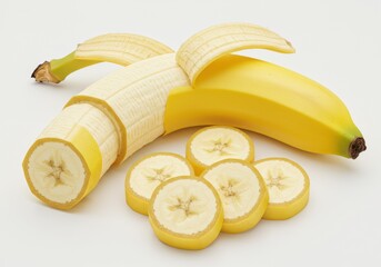 A partially peeled yellow banana and several slices are arranged on a white background
