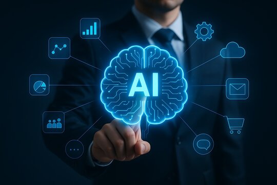 Businessman Interacting with AI-Powered Digital Brain Interface Surrounded by Data and Network Icons