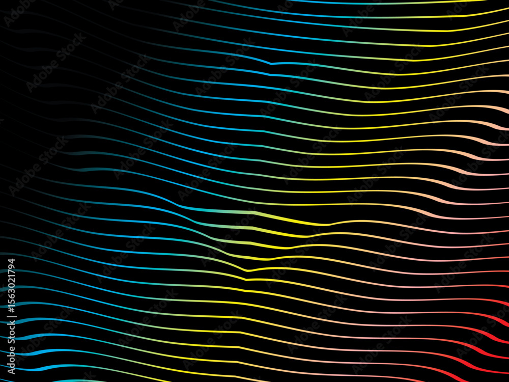 Poster The background is a colorful gradient wavy diagonal striped pattern on a black background, creating a dynamic and modern visual effect.