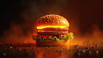 Spicy Burger Engulfed in Flames With Melted Cheese and Grilled Patty for Fiery Fast Food Concept.