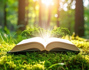 Magical Book in Forest with Trees and Sunlight Creating Fantasy Scene
