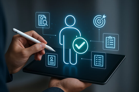 Successful recruitment interface showing a highlighted candidate profile with a checkmark and various interconnected hiring process icons