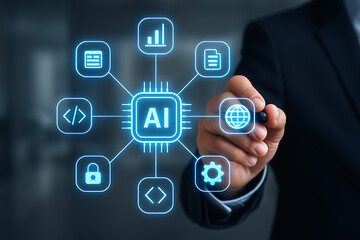 A hand touching an AI integration interface, displaying an AI chip connected to diverse technological icons for advanced business applications