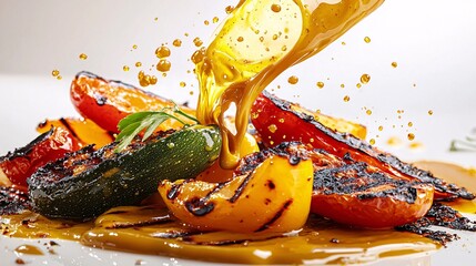 Honey mustard splashing onto grilled vegetables, its glossy yellow-gold hue adding richness to the dish, isolated on white background,