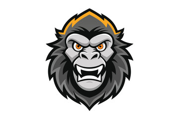 Angry gorilla head shows its large canines with a threatening orange gaze