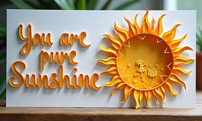 Sun sculpture with text decor on white surface and green background.