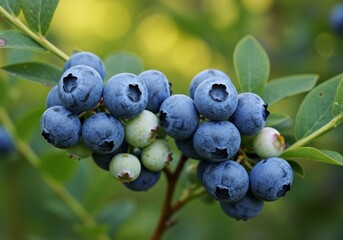 Close-up of Ripe Blueberries on a Branch with Green Leaves and Blurred Background