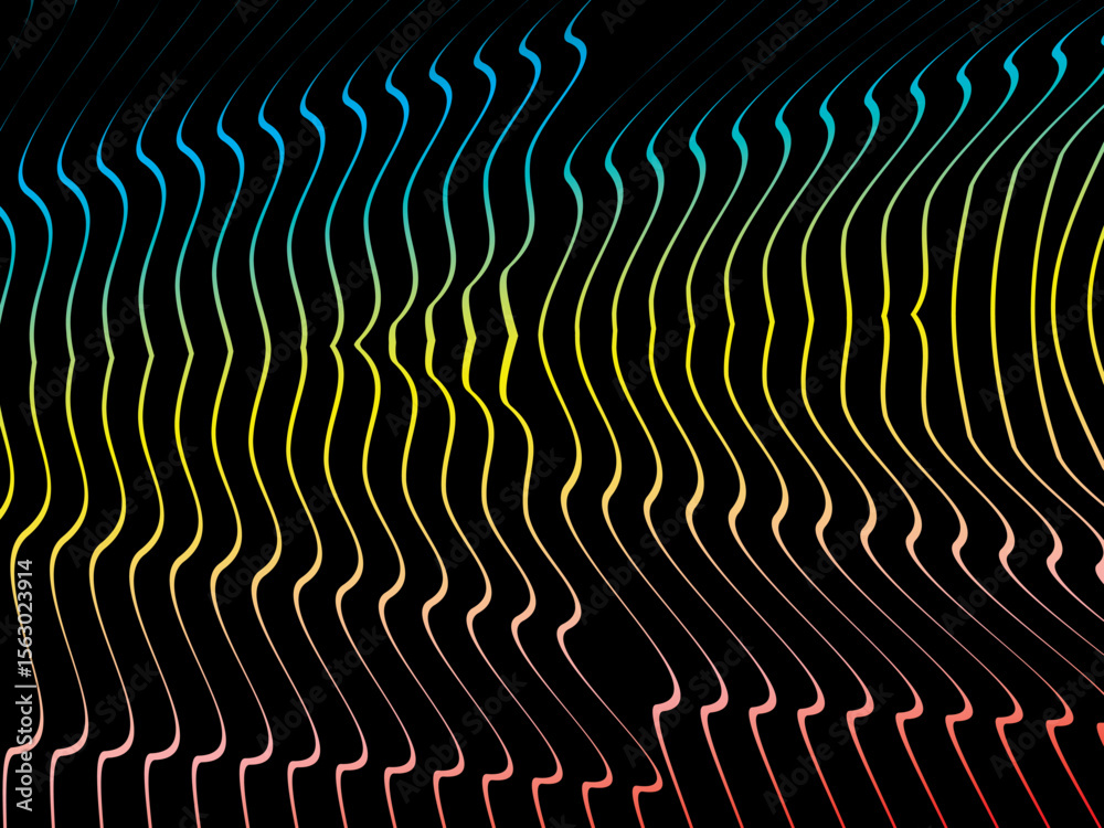 Poster The background is a colorful gradient wavy diagonal striped pattern on a black background, creating a dynamic and modern visual effect.