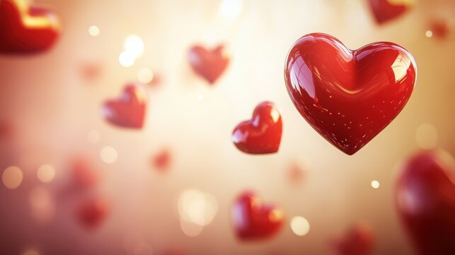 Glossy red hearts float in a warm golden bokeh background celebrating love