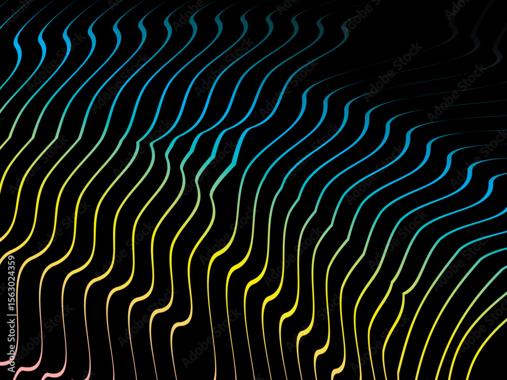 Poster The background is a colorful gradient wavy diagonal striped pattern on a black background, creating a dynamic and modern visual effect.
