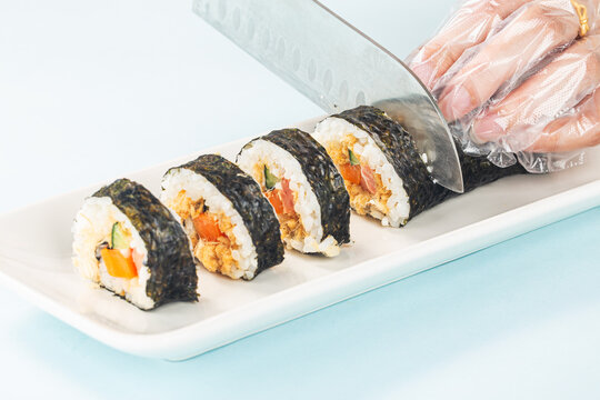 Close up of the process of making delicious sushi